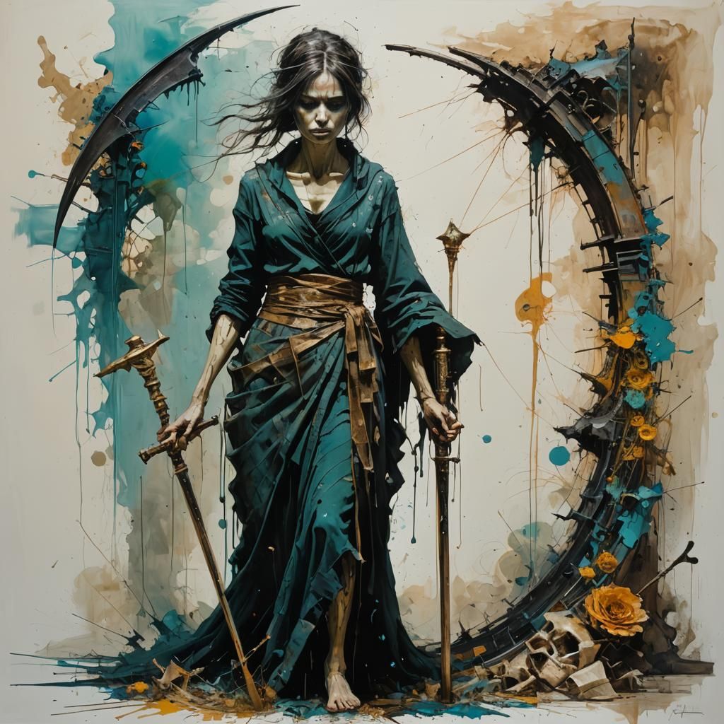 Death with Scythe: Abstract Expressionist Oil Painting
