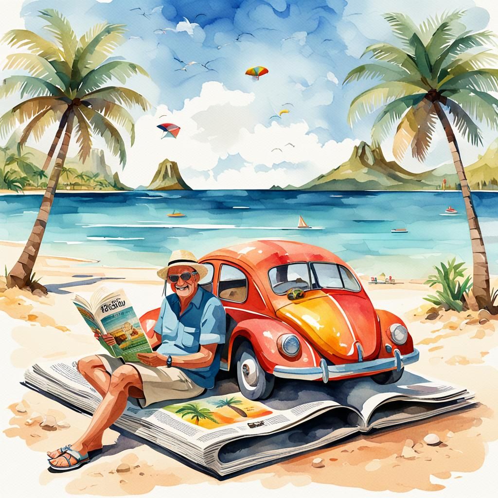 Vintage Watercolor Beach Scene with Beetle Car