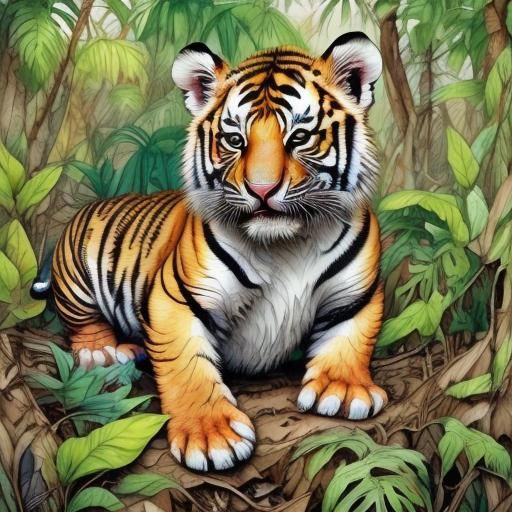 Tiger Cub Ink Outline in Jungle Oil Painting