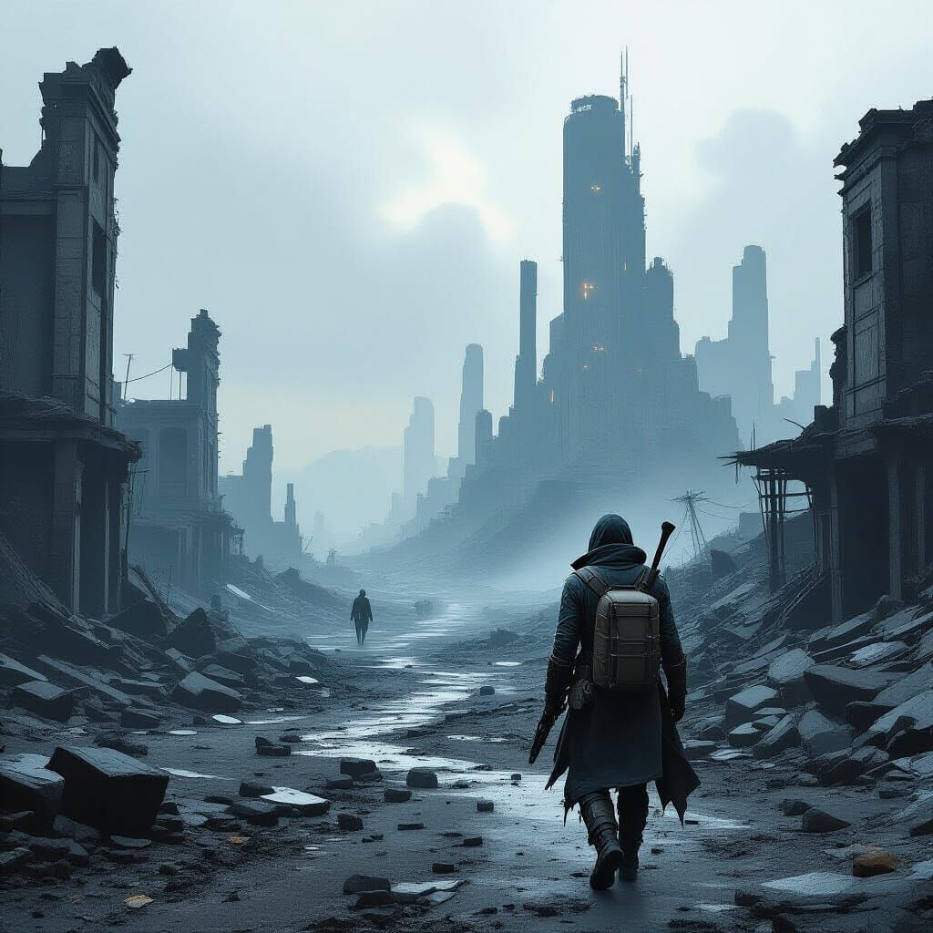 Post-Apocalyptic Survivor in Ruined Cityscape