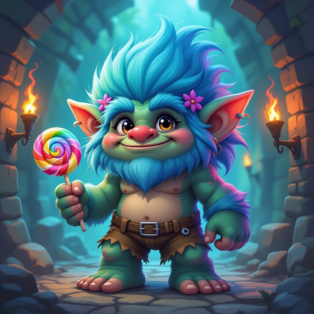 Giant Cute Chibi Troll With Lollypop In Dungeon