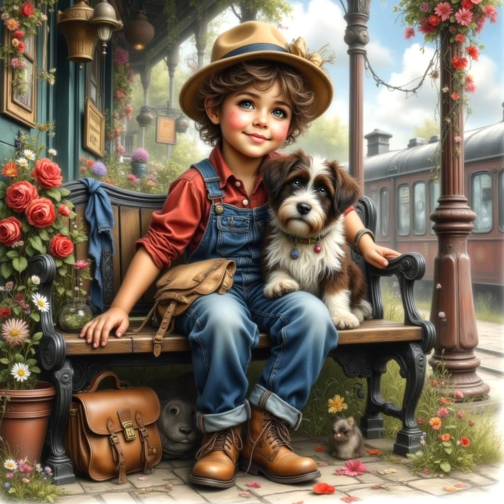 Boy and Scruffy Pup at Train Station, Color Pencil Style