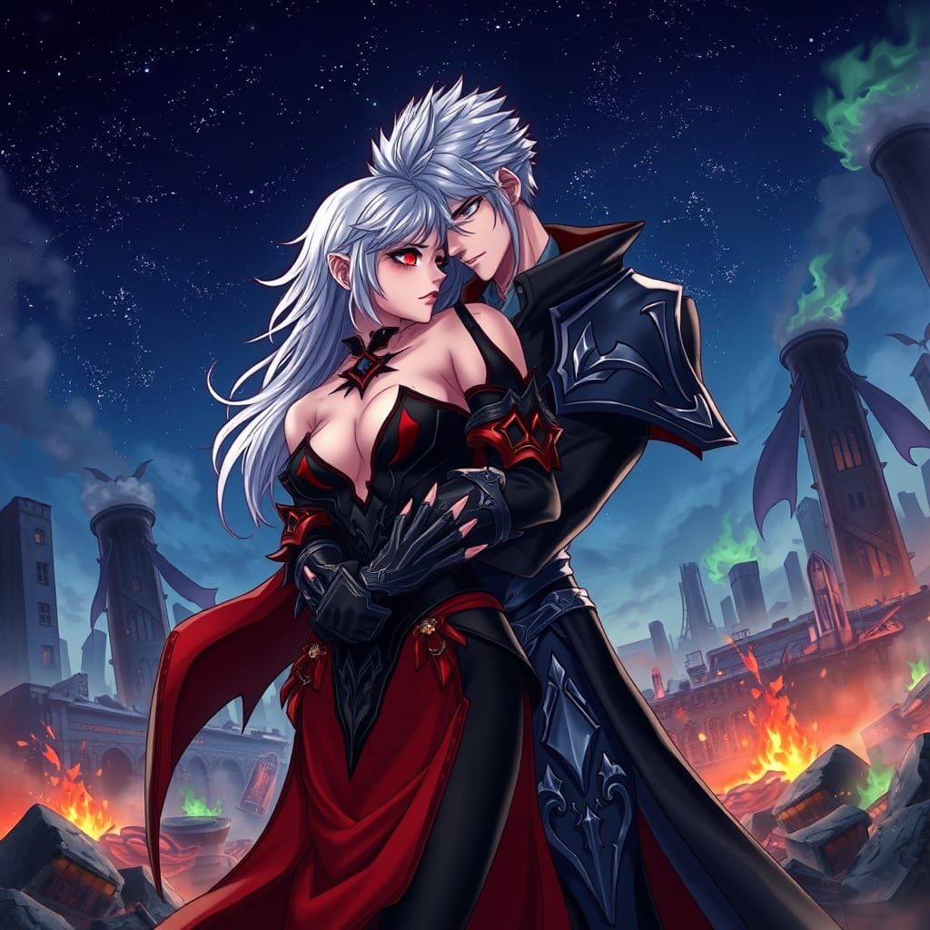 Vampire Couple Embrace on Ruined Battlefield