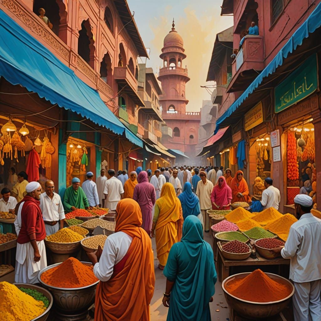 Vibrant Indian Market Scene in Gouache Style