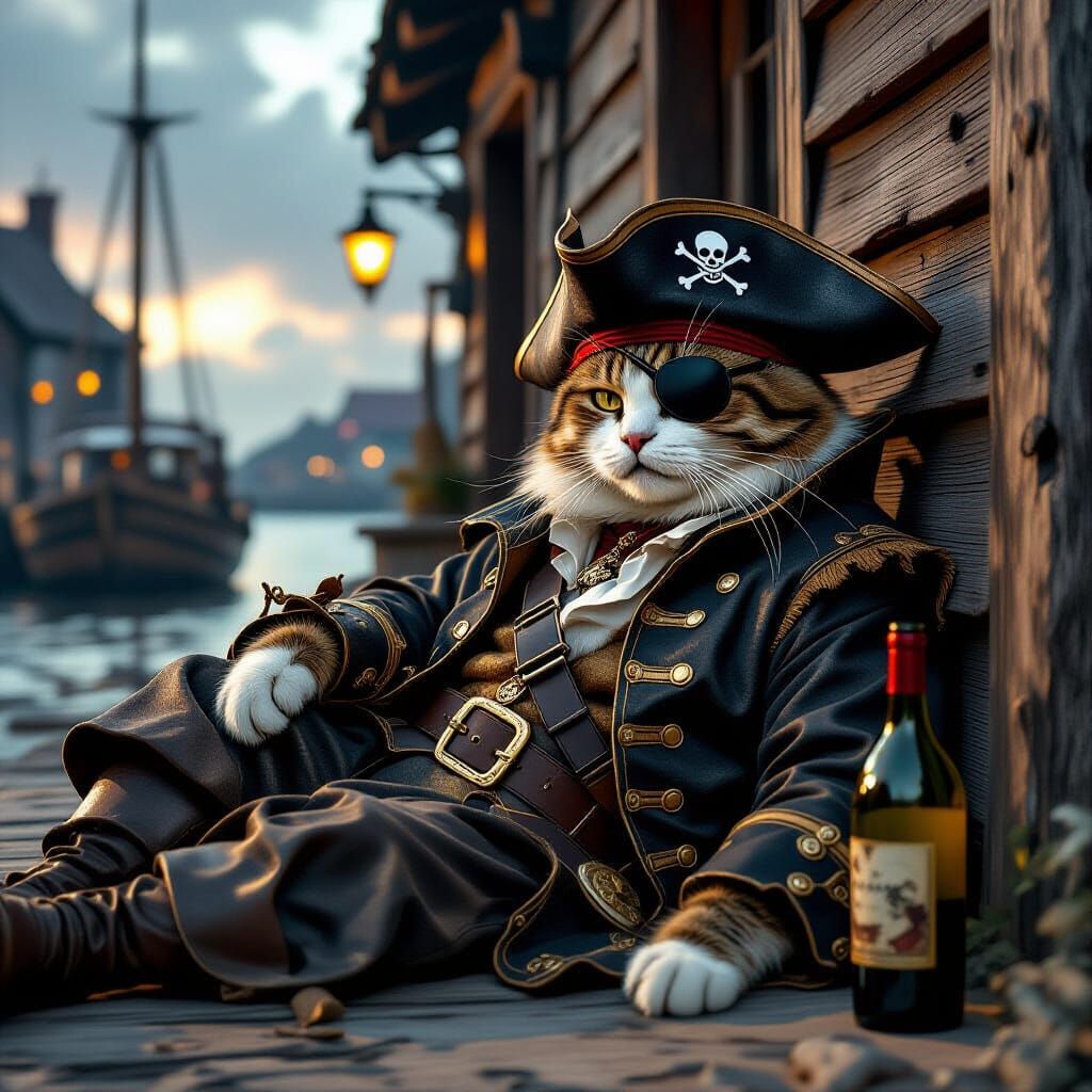 Pirate Cat Lounging by Harborside Inn, Digital Painting