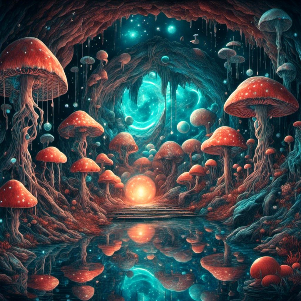 <lora:SurDime:1.0> A cave with glowing mushrooms crawling on...