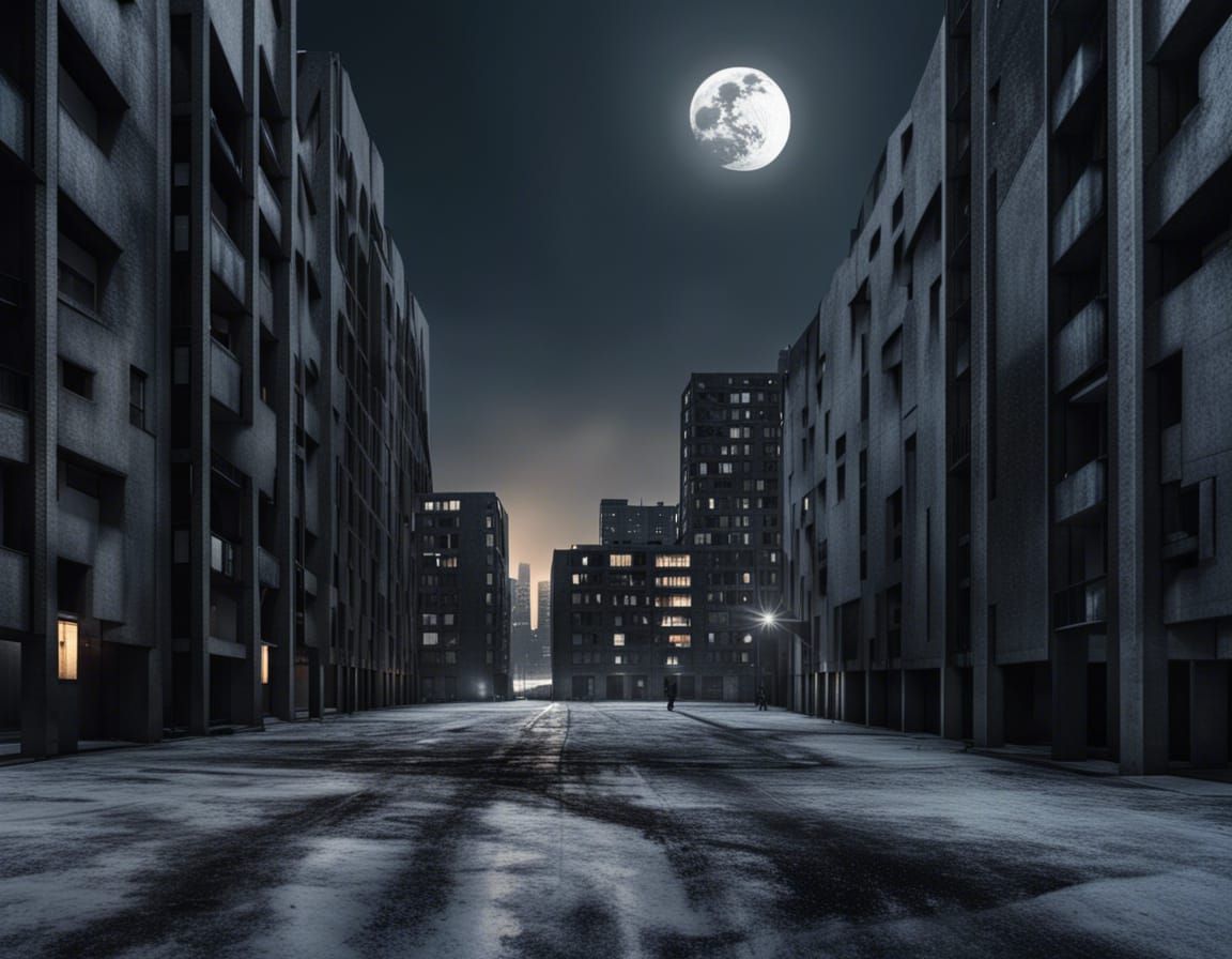 Eerie Moonrise Between Brutalist Buildings