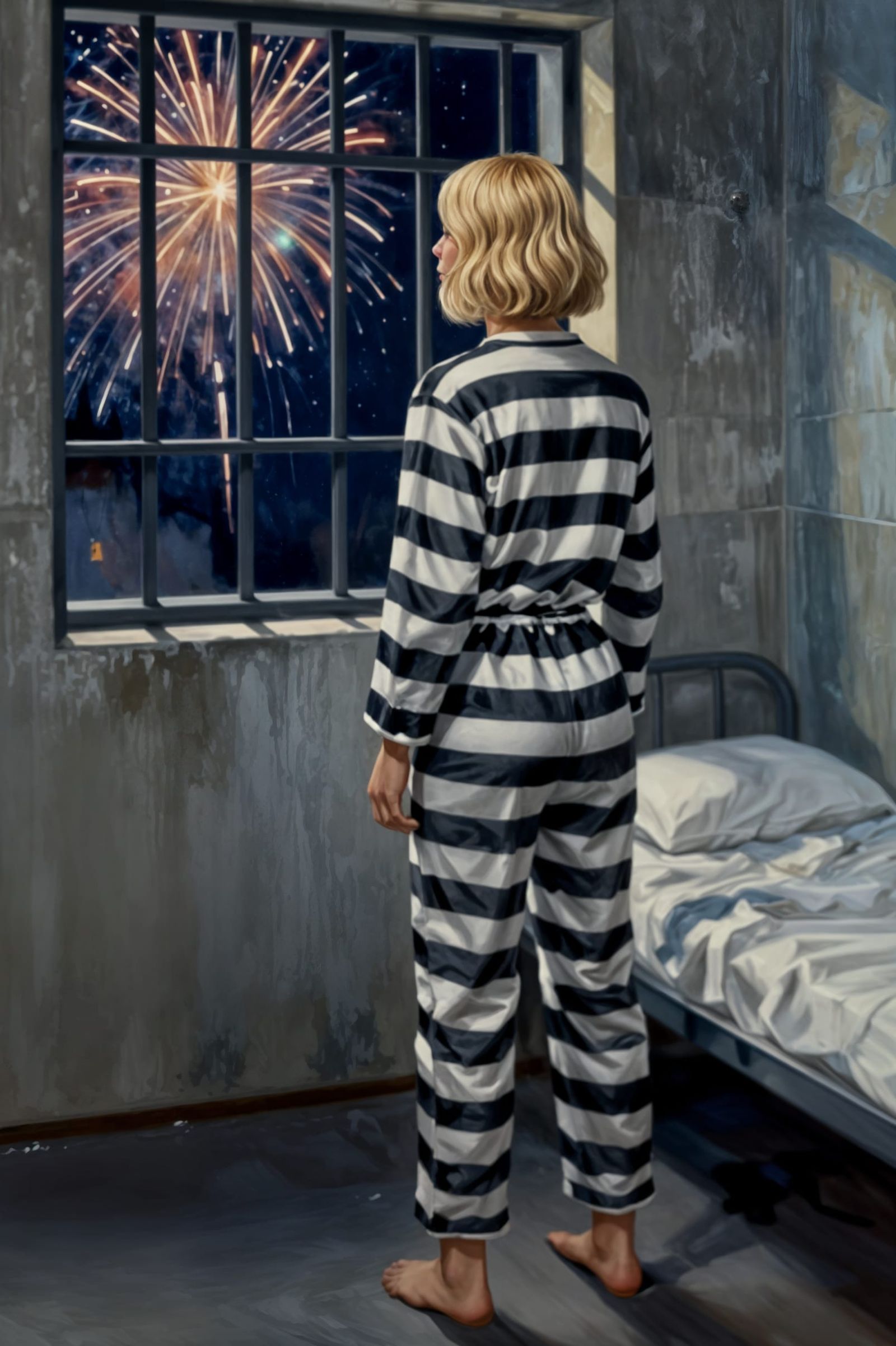 Imprisoned Woman Watches Fireworks Through Barred Window