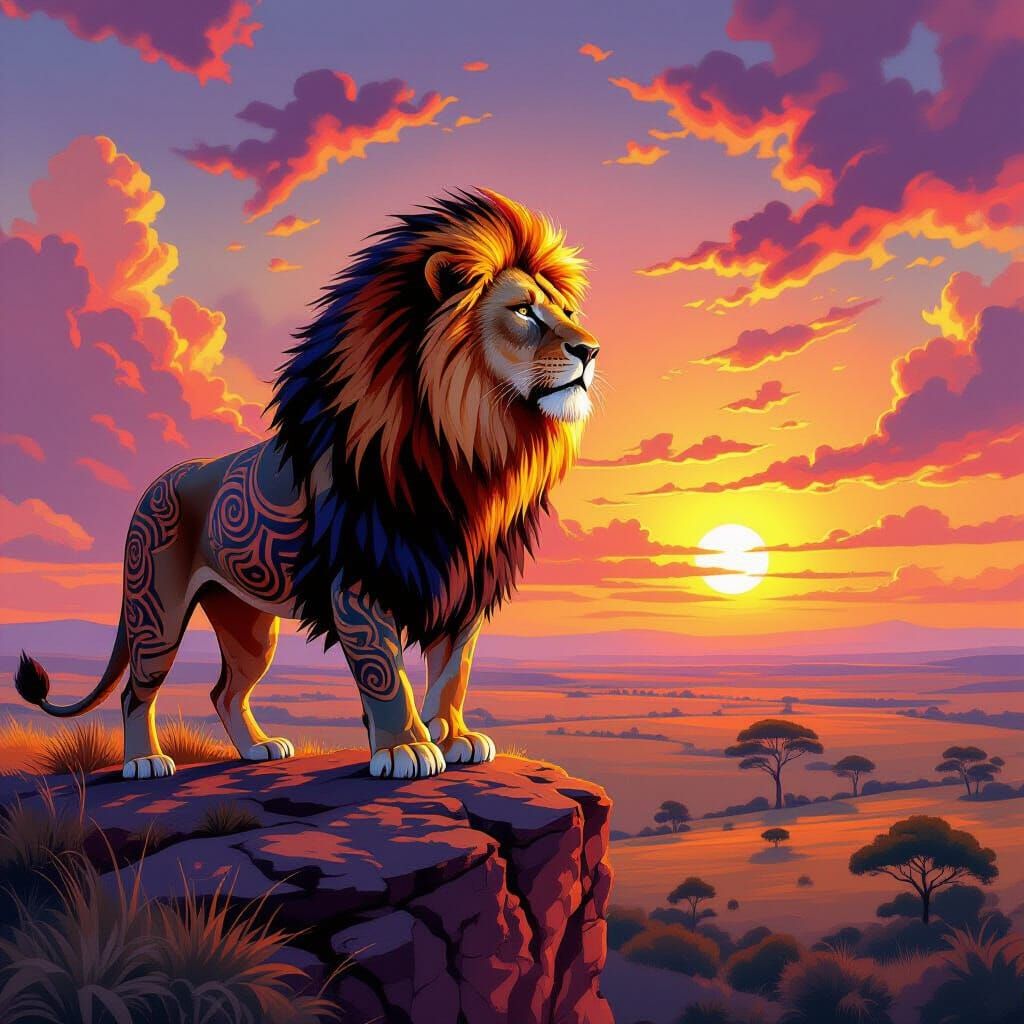 Lion with Tribal Tattoos in Art Nouveau Style