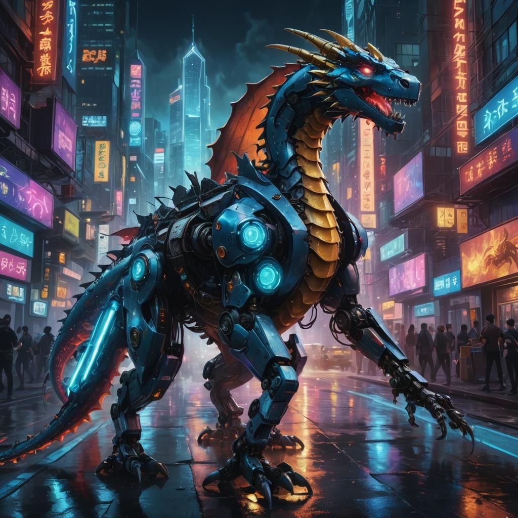 Robot Dragon Rider in Cyberpunk Cityscape