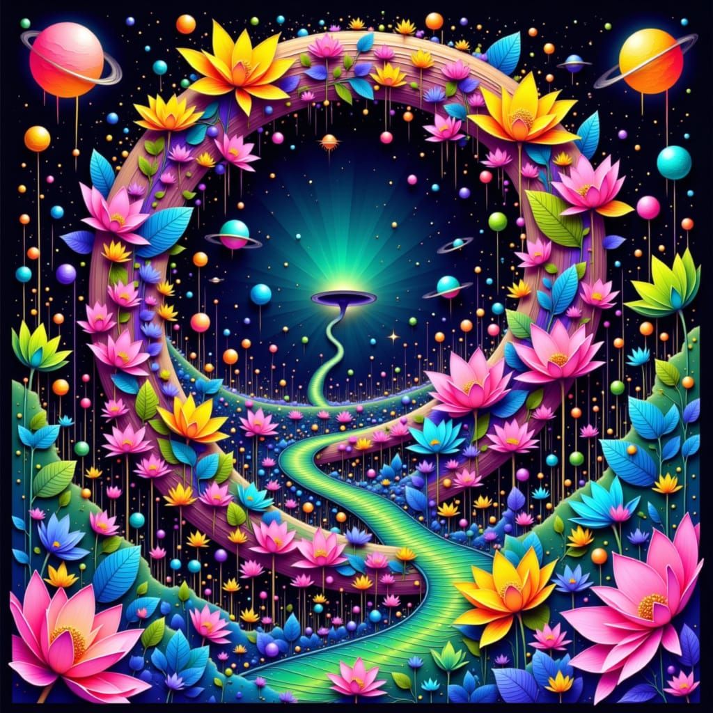 Koru Patterns with Hawaiian Florals in Surrealist Style