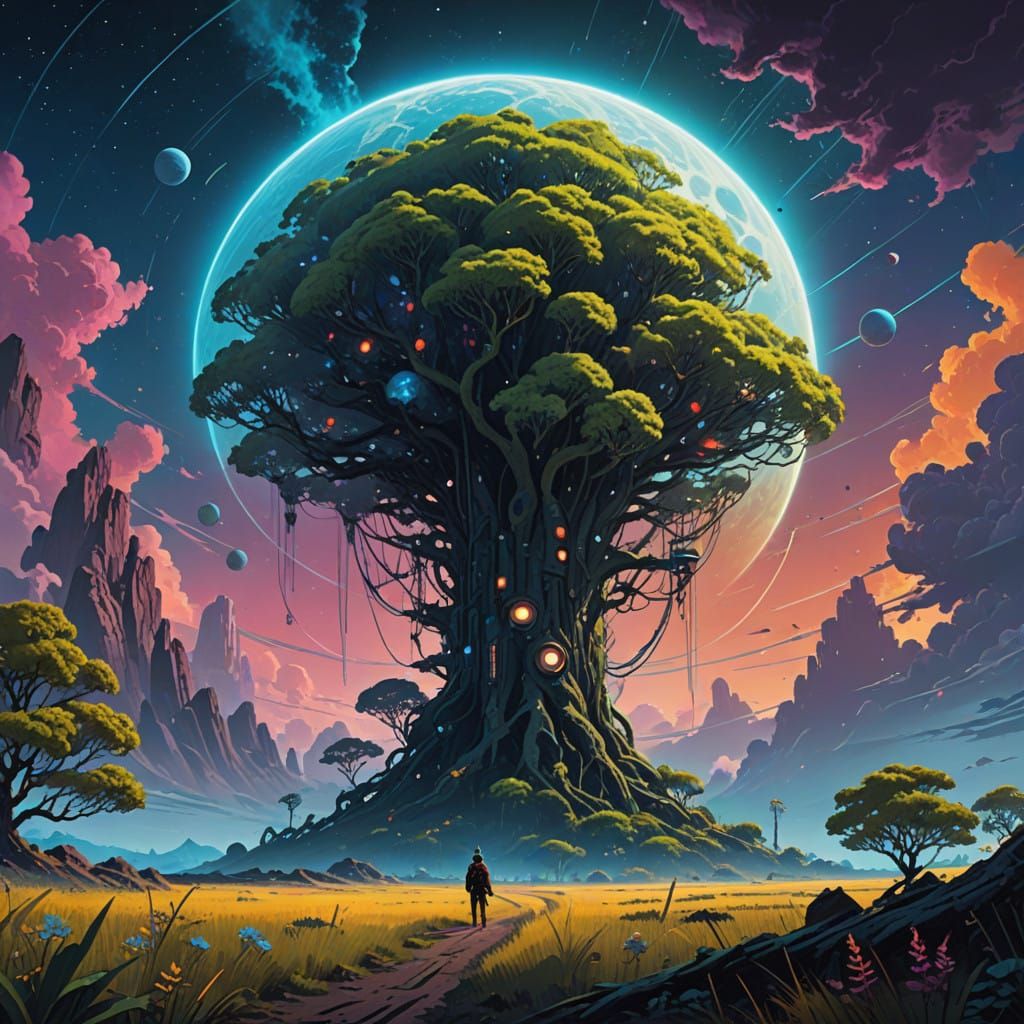 Mystical Cosmic Realm with Ancient Trees and Glowing Flora