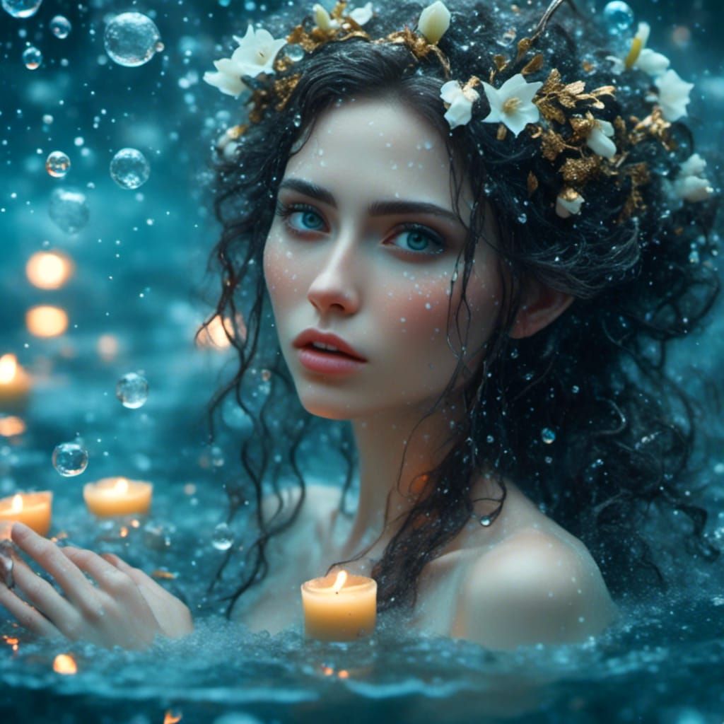 Elf in Hot Spring with Lilies and Candles