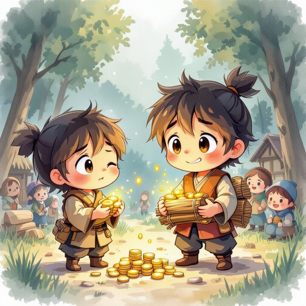 Chibi Woodcutters: Greed vs. Honesty in Watercolor and Anime...