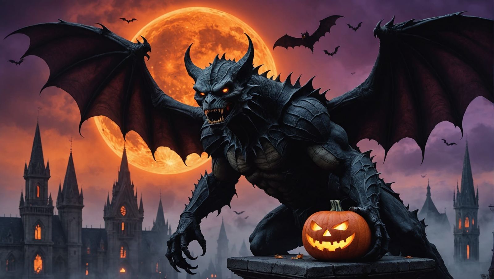Fierce Gargoyle in Gothic Halloween Dark Fantasy Art