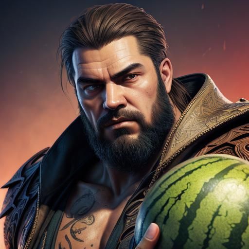 Hyperrealistic Man with Giant Melons Splash Art