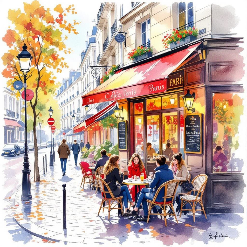 Parisian Cafés in Autumn Watercolor Scene