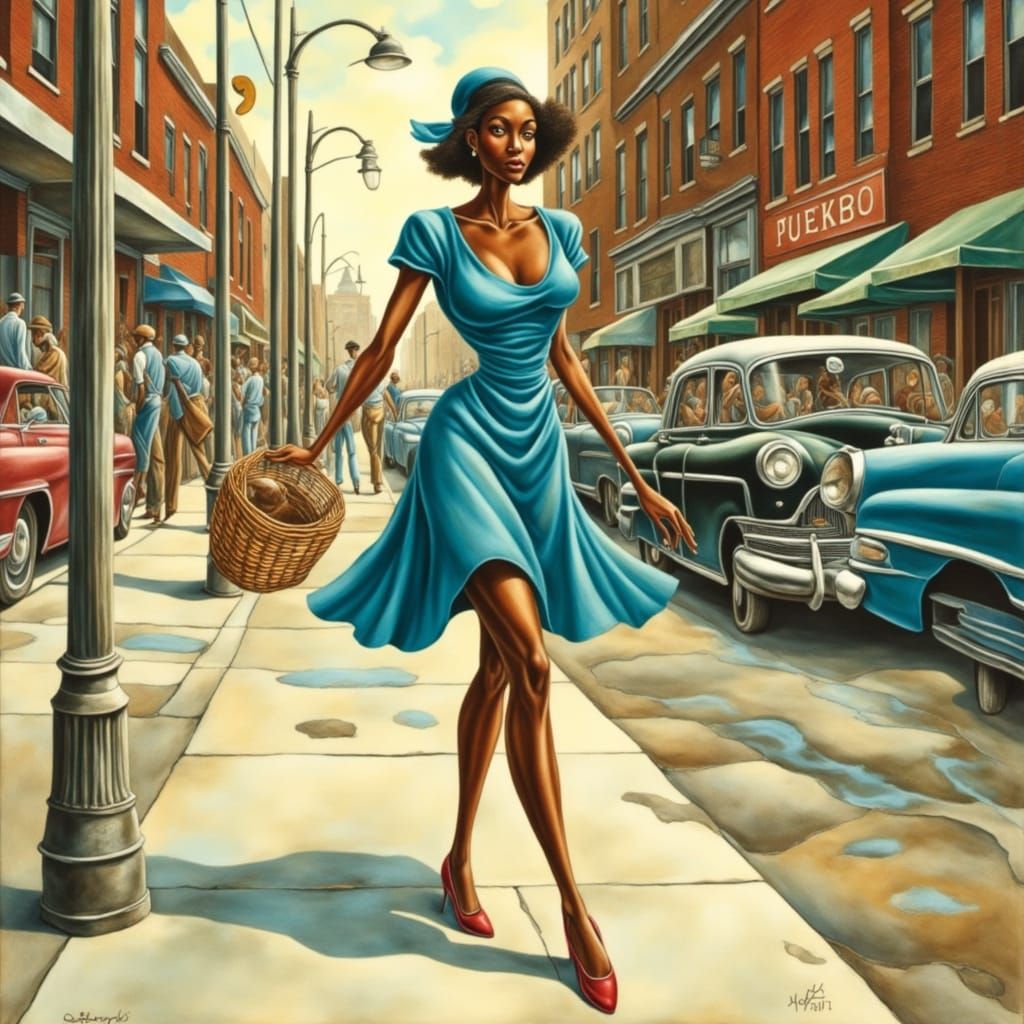 1950s Woman in Blue Dress Walking on Sidewalk