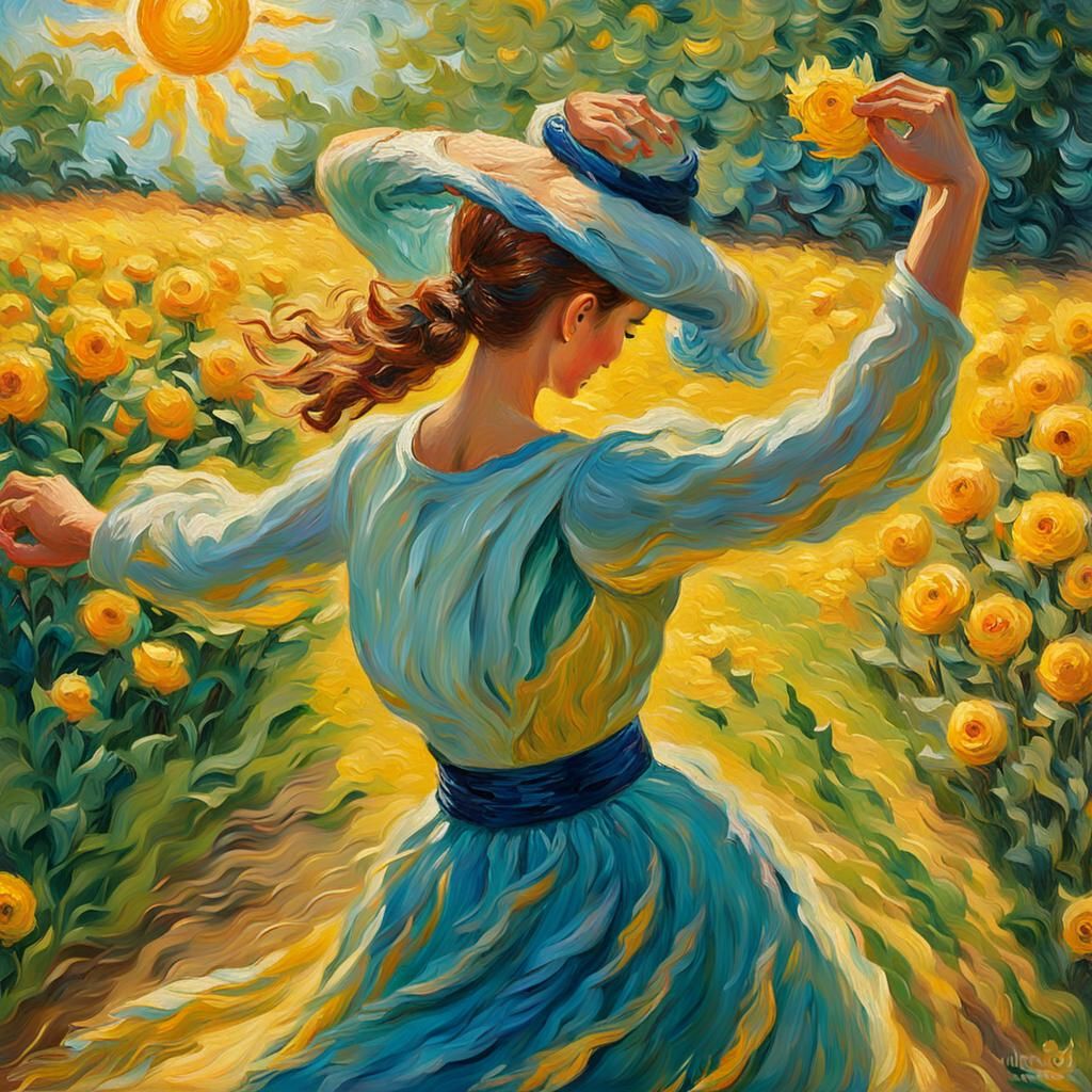 Warm Impasto Portrait of a Woman Dancing in Sunlit Garden
