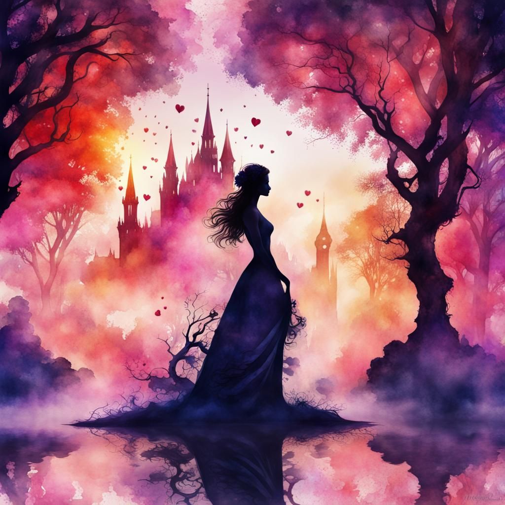 Fantasy Double Exposure Watercolor Silhouette