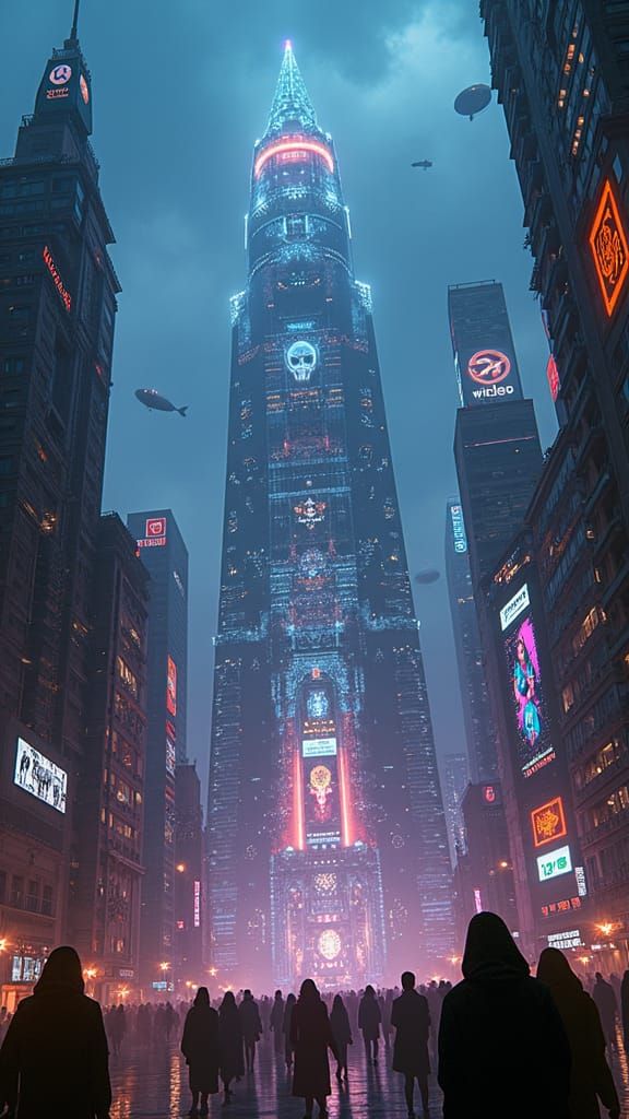 Dystopian Cityscape at Night with Alien Motherships