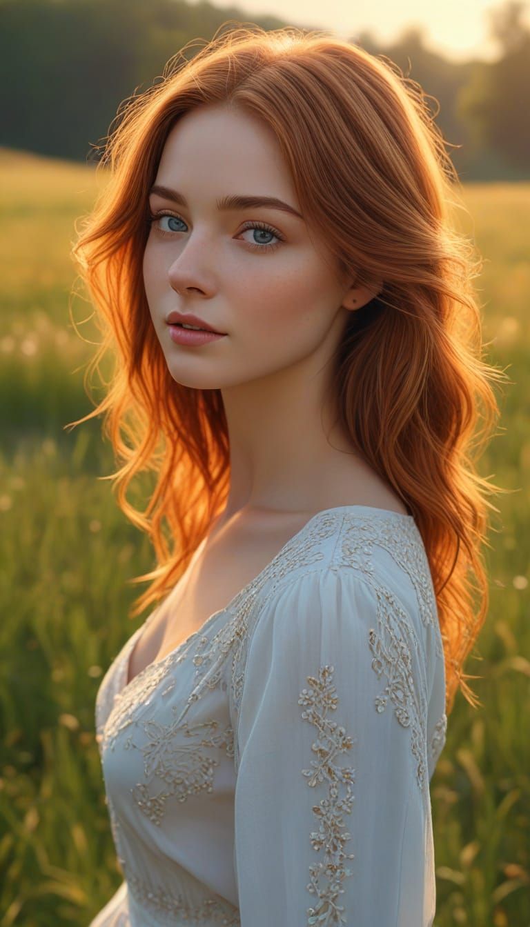 Beautiful Woman in Sunlit Meadow at Golden Hour