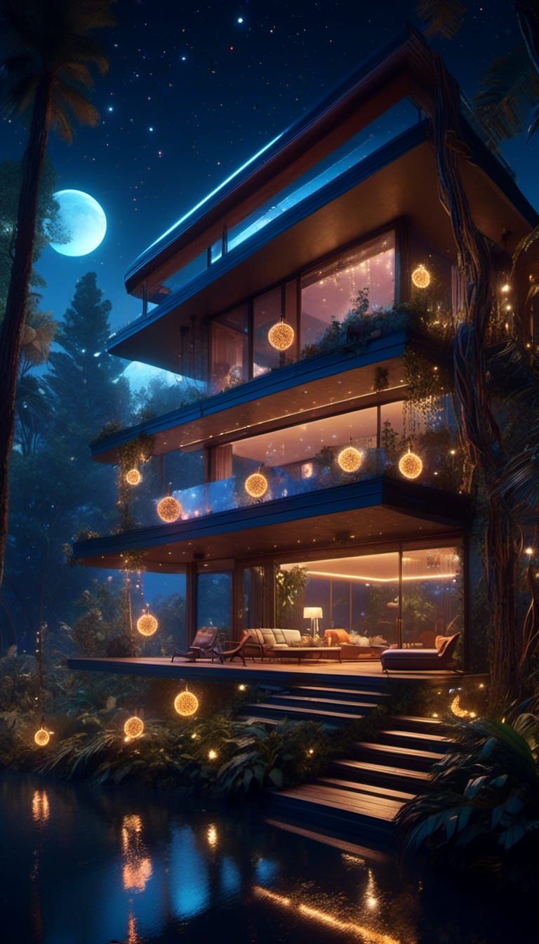 Magical Mid-Century Christmas Under Moonlit Sky