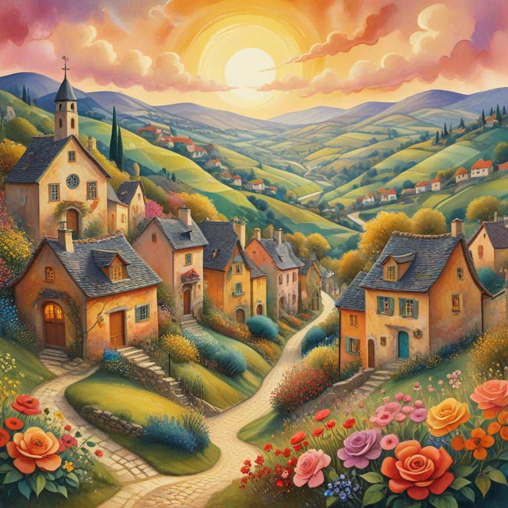 Enchanting Whimsical Village in Watercolor Style