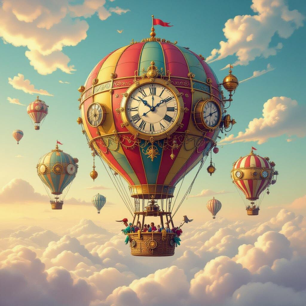 Whimsical Steampunk Hot Air Balloons Float Over Fantasy Clou...