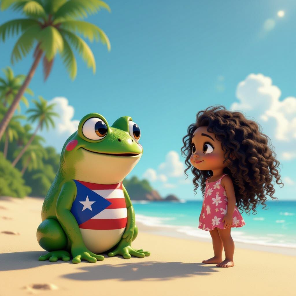Smiling Frog with Puerto Rico Flag Meets Girl on Beach