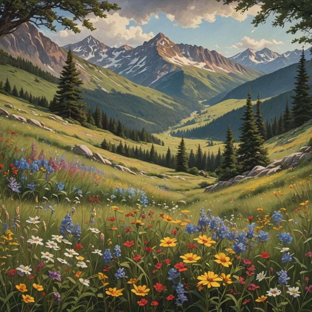 Mountain Meadow Wildflowers in Luminist Style