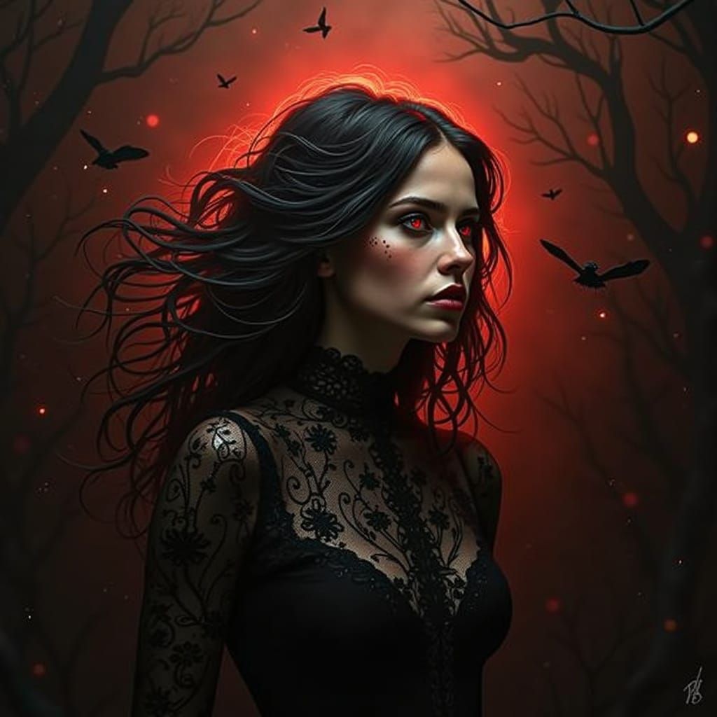 Gothic Ghost in Ardennes Forest with Black Lace and Wilted R...