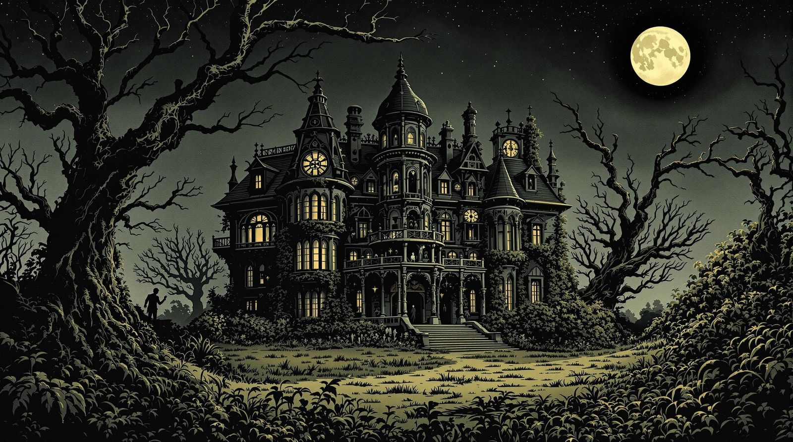 Eerie Mansion Book Cover in Edward Gorey Style