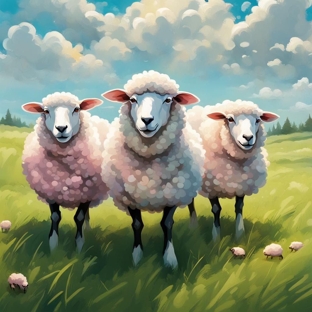 Colorful Sheep Frolicking in Sunny Field