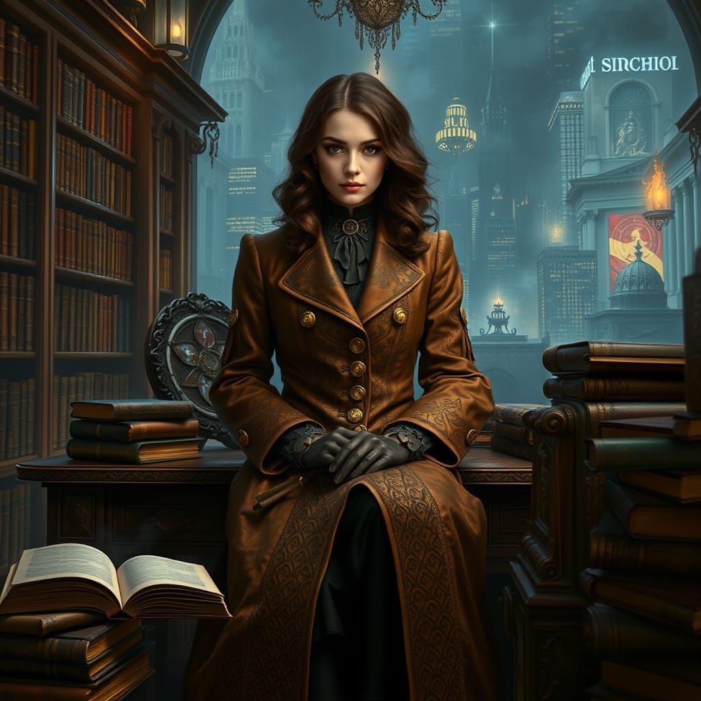 Clandestine Library in Art Nouveau Steampunk Style