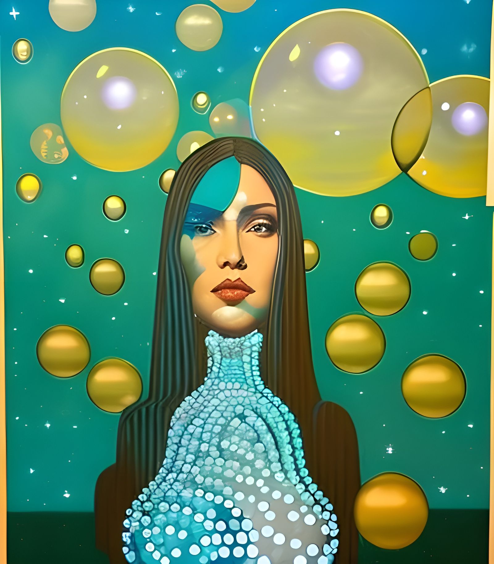 Bioluminescent Woman Surrounded by Bubbles