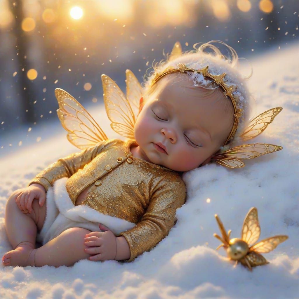 Golden Fairies Play Around Sleeping Baby in Snowy Sunrise