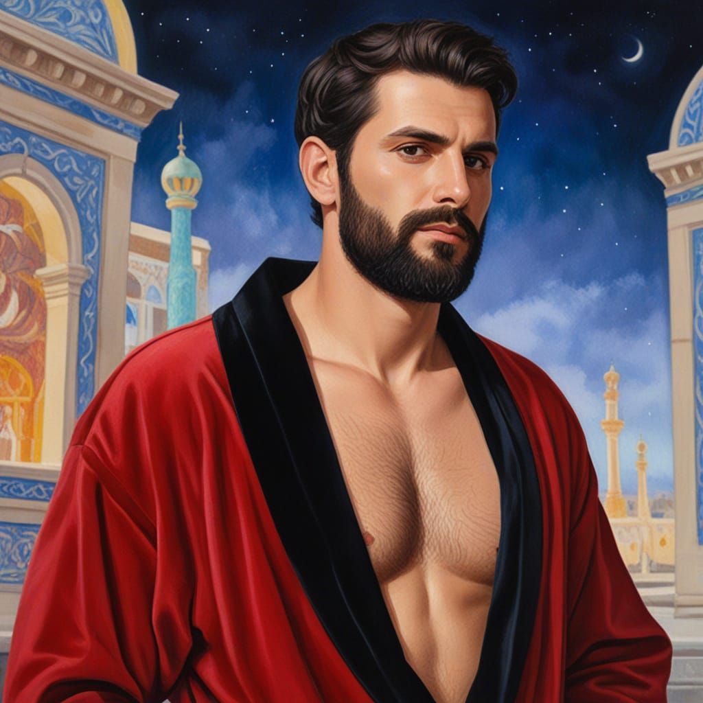 Bearded Man Poses in Red Velvet Bathrobe Neo-Impressionist S...