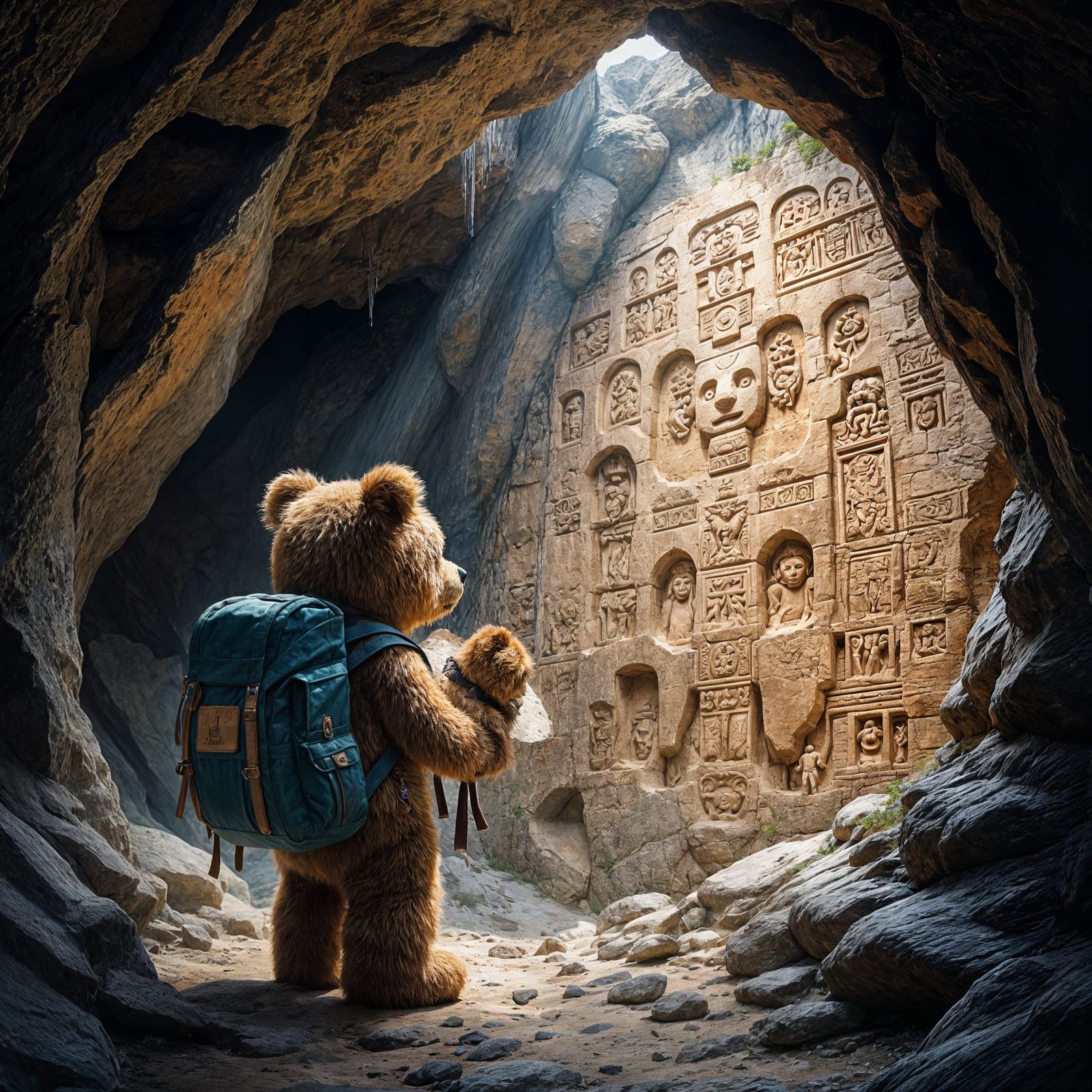 Teddy Bear Discovering Ancient Cave Carvings
