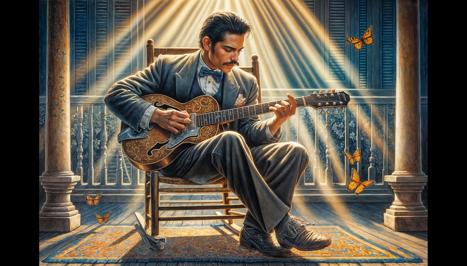 Blues Guitarist in Sunbeams, Aquarelle Style Art