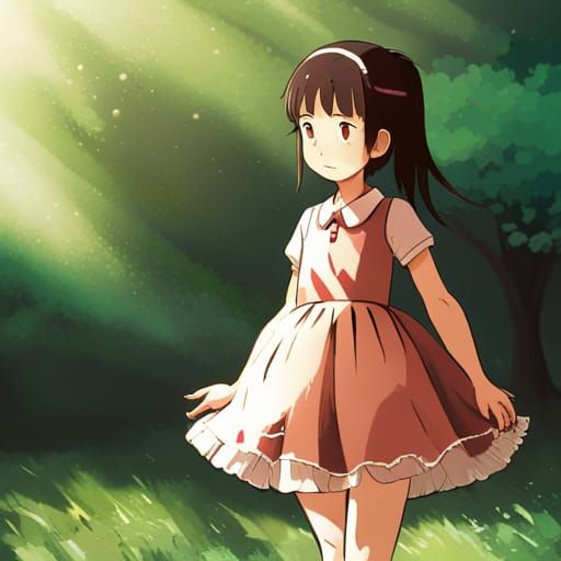Anime Girl in Forest, Ghibli Style Visual