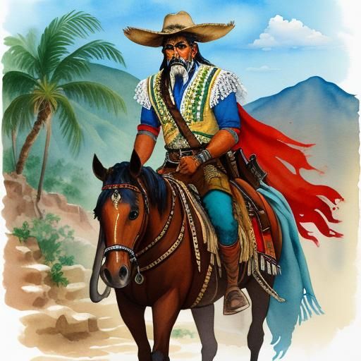 Mexican Bandit on Horseback: Watercolor Gouache Painting