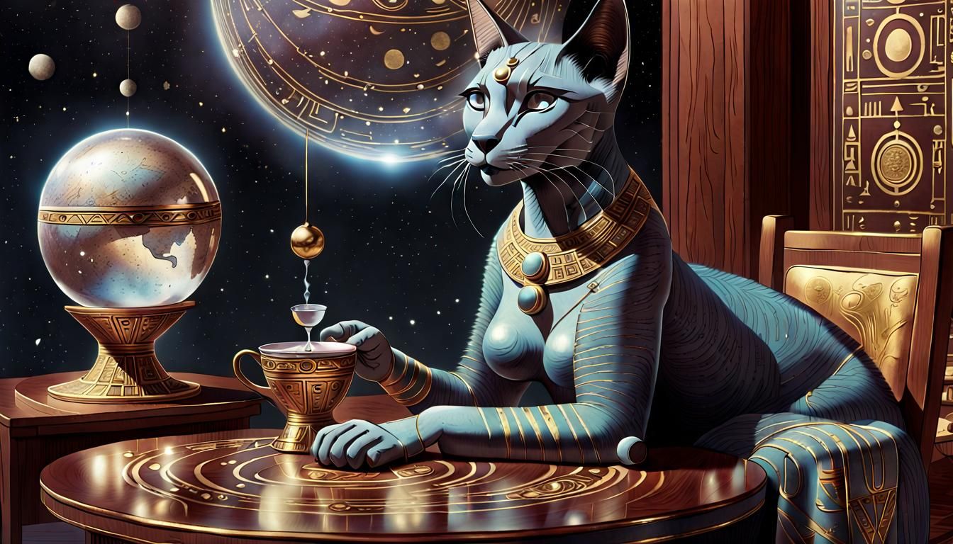 Goddess Bastet Having Tea, Vintage Poster Art