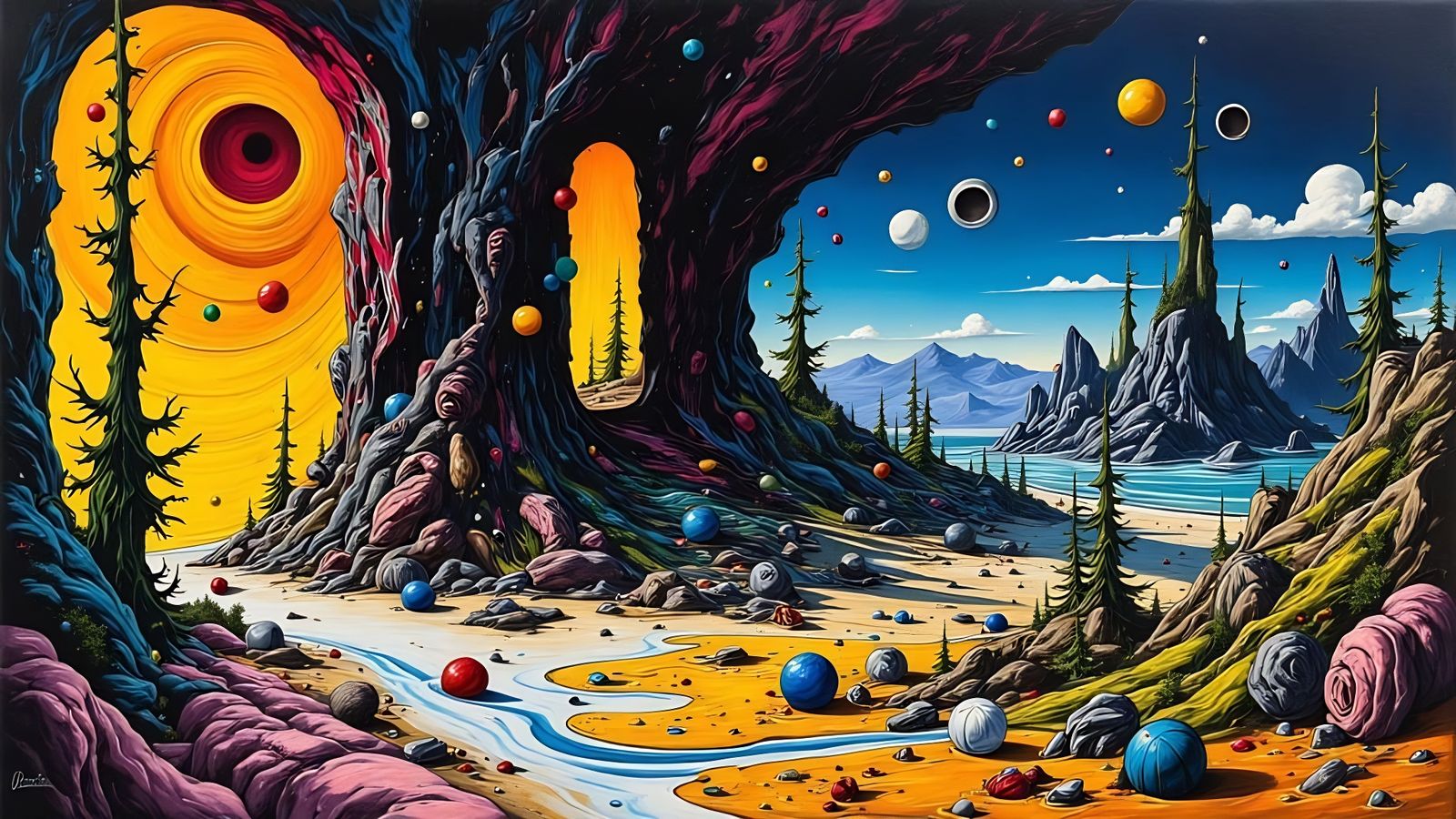 Surreal Mountain Tunnel Inspired by Klimt and Max