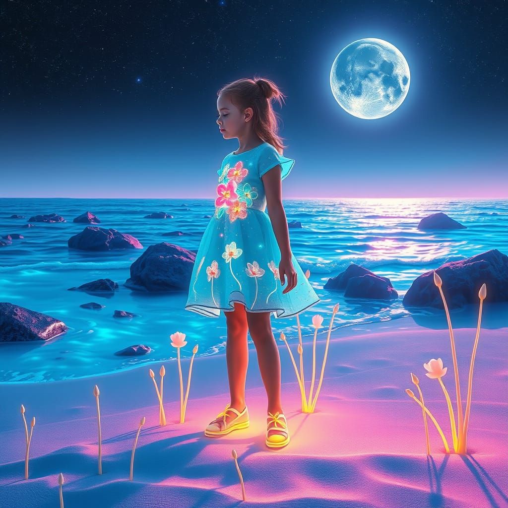 Neon Girl on Cosmic Beach: Fantasy Art