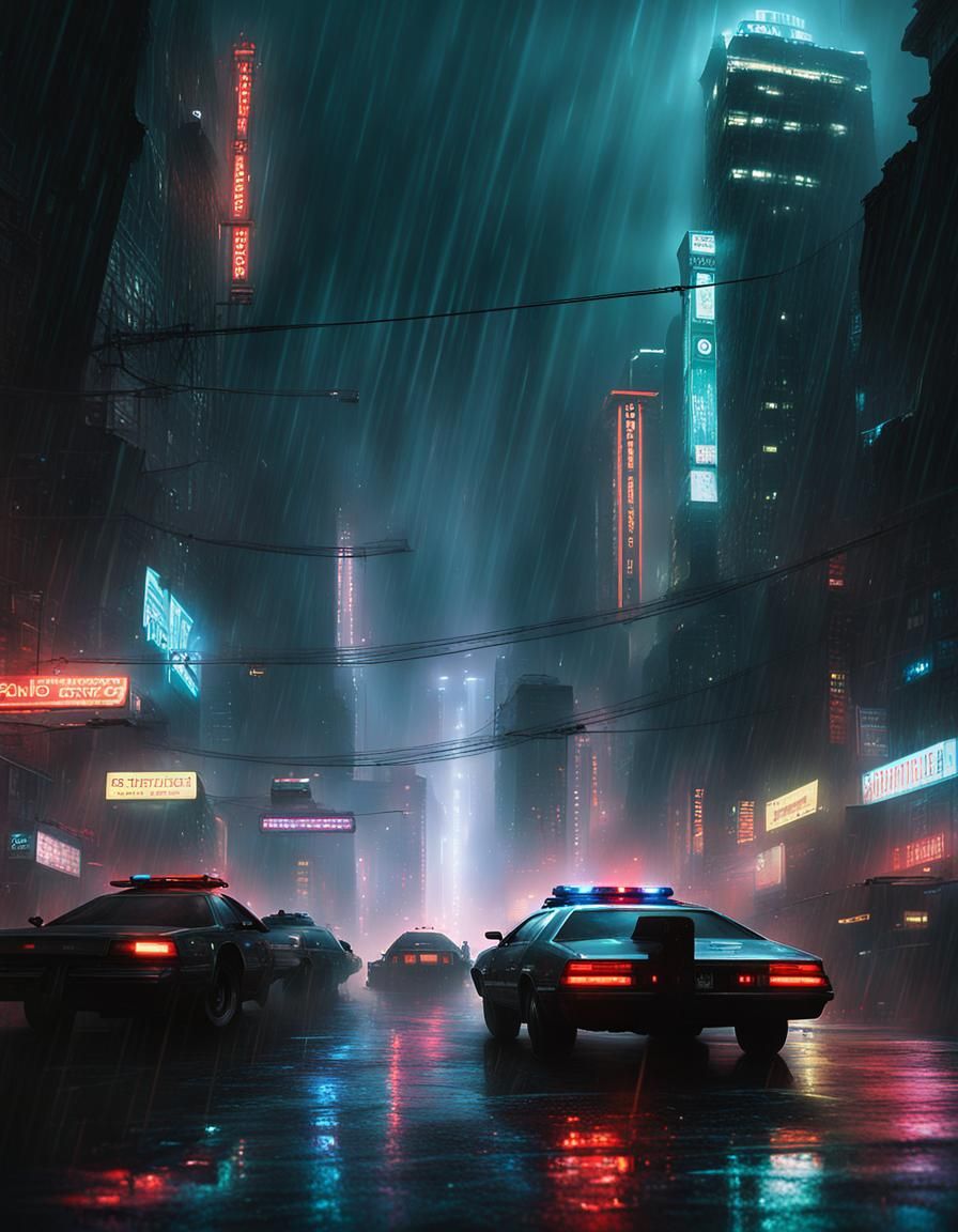 Cyberpunk Police Department in Rain with Neon Lights