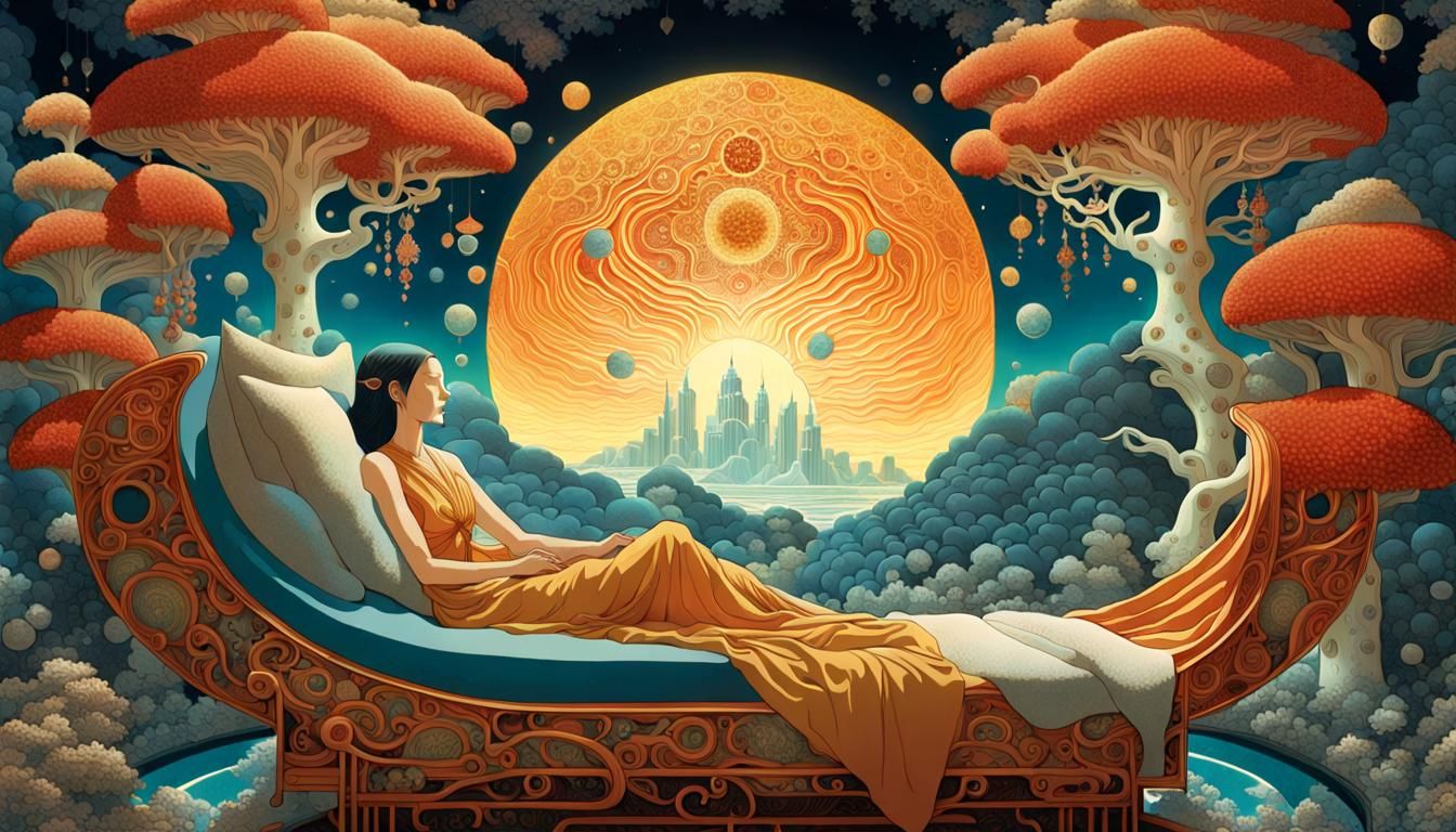 Celestial Woman in Surreal Floral Bed