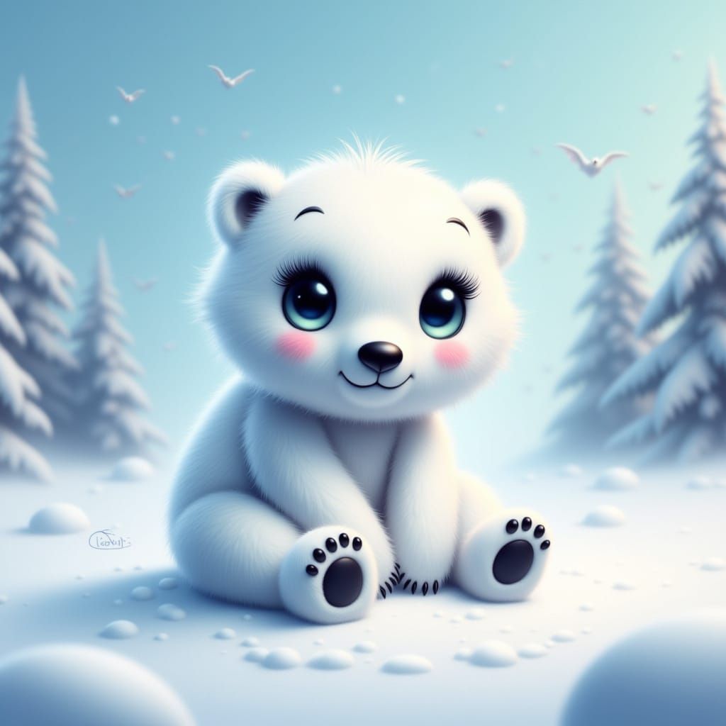 Whimsical Chibi Polar Bear in Winter Wonderland