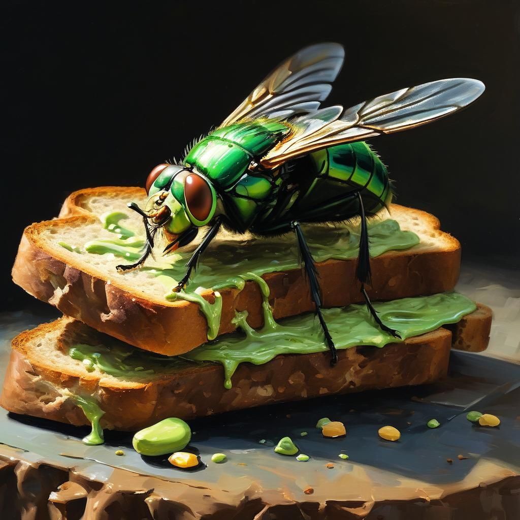 Green Fly on Bread, Impressionist Impasto Gouache Style