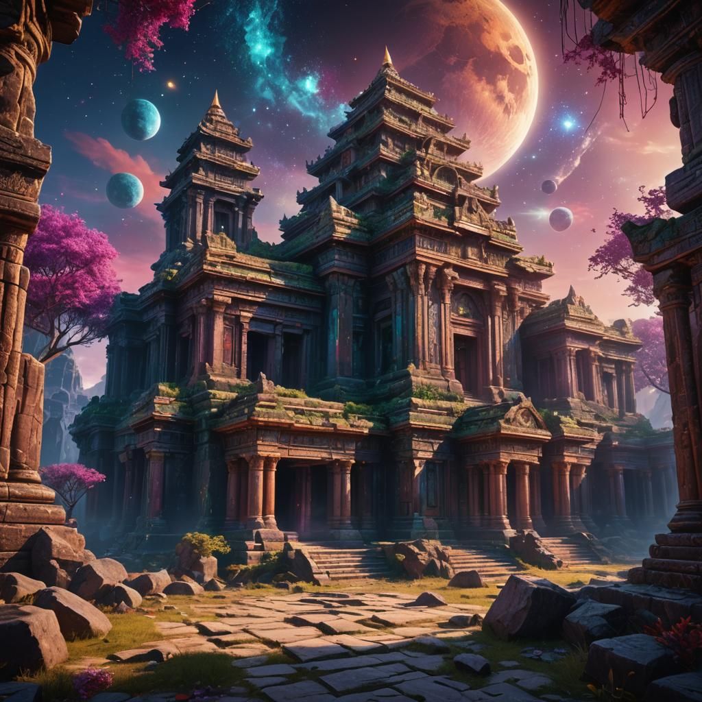 Glistening Moonbeams Over Ancient Temple in Fantasy Art